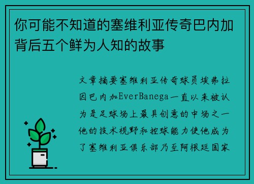 你可能不知道的塞维利亚传奇巴内加背后五个鲜为人知的故事 你可能不知道的塞维利亚传奇巴内加背后五个鲜为人知的故事