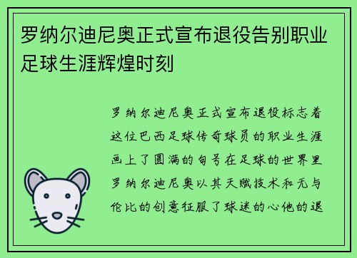 罗纳尔迪尼奥正式宣布退役告别职业足球生涯辉煌时刻 罗纳尔迪尼奥正式宣布退役告别职业足球生涯辉煌时刻